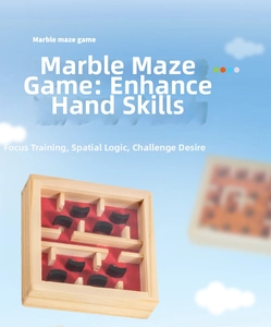 Macro shot of a wooden balance ball maze toy showing intricate paths and a red base