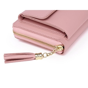 Pink PU leather crossbody phone bag with gold hardware and stylish fringe detail