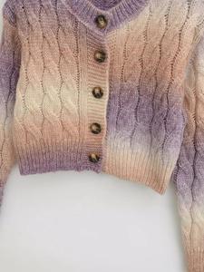 Detail of cable knit texture and gradient colors on this purple V-neck cardigan