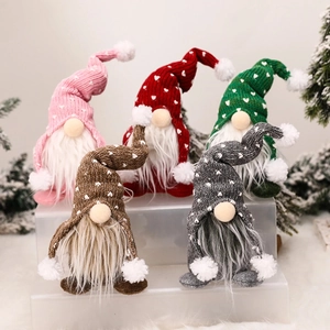Set of 5 Christmas Gnomes with white heart knitted hats and long white beards decor