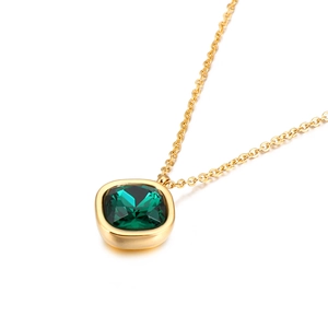 Minimalist gold necklace featuring a square emerald green zircon pendant on a thin chain