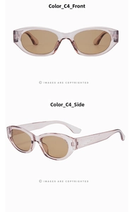 Detailed views of Color C4 cat eye sunglasses with translucent violet frames and tea lenses