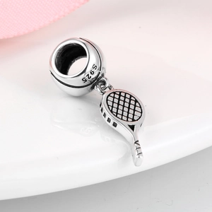 S925 sterling silver tennis racket charm pendant with detailed vintage oxidized finish