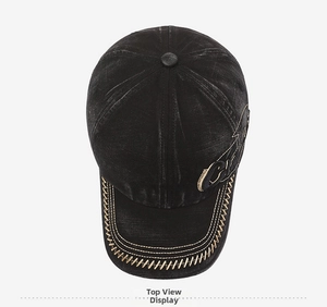Close-up of black washed denim baseball cap with yellow Z-stitch brim and side embroidery