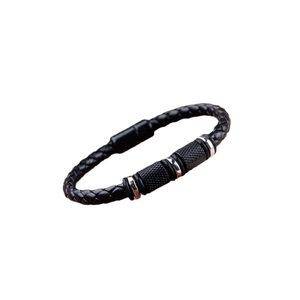 Men's braided PU leather bracelet with diamond-patterned metal beads and magnetic clasp