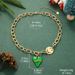 Gold chain necklace with green heart and smiley face charms, 41+8cm length and 3.6g weight