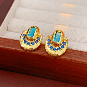 Vintage Palace Style Gold Plated Copper Stud Earrings With Blue Zircon Rectangular Stone And Silver Earring Post