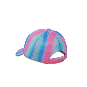 Detailed view of the glittery rainbow striped kids baseball cap with adjustable strap
