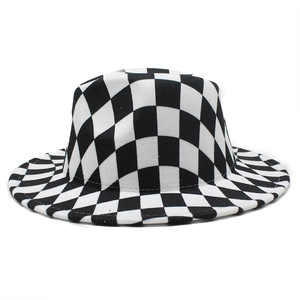 Classic black and white checkered wool felt fedora hat with a wide brim for autumn and winter