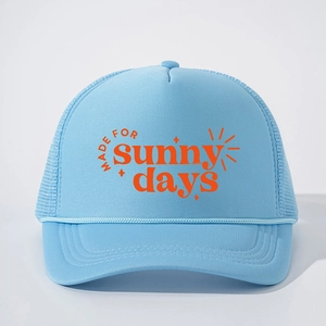 Light blue trucker hat with orange Sunny Days print and breathable mesh back