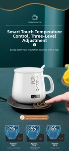 Close-up of smart cup warmer base with 3 temperature settings and white ceramic mug