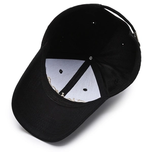 Internal structure of a black cotton baseball cap with reinforced front and adjustable strap