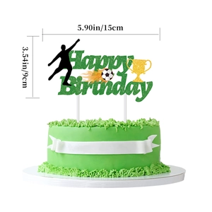 Detail view of 5.9x3.5 inch green glitter football happy birthday cake topper