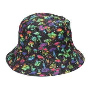 Detail shot of colorful mushroom digital print on black cotton bucket hat fabric