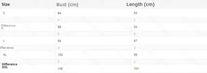 Detailed size chart for long sleeve A-line vacation dress including bust and length