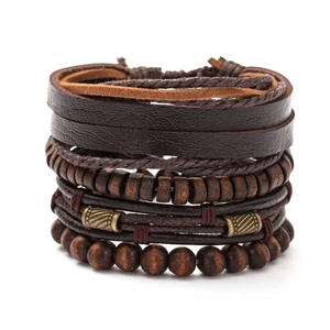 Four-piece men's multilayer leather bracelet set with dark brown wood beads and metal charms