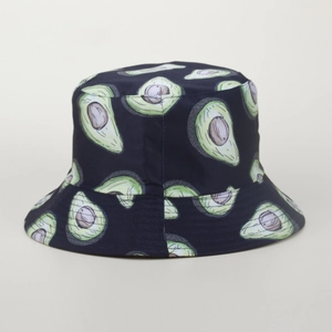 Detail of avocado print bucket hat in black canvas fabric with sun protection brim