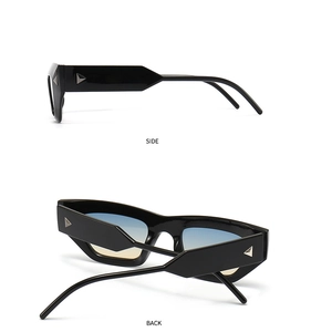 Side and back view of cat eye sunglasses with blue yellow gradient lenses and metal trim