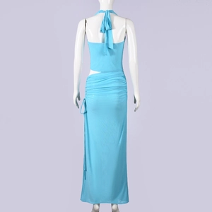 Back view of a sky blue two-piece set featuring a halter top and slim ruched maxi skirt