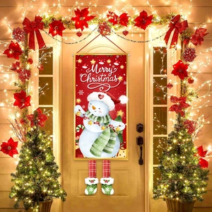 Red Christmas door banner featuring snowman and Merry Christmas text on wooden door