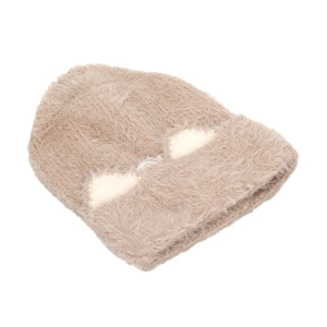 Cute camel plush beanie with cat ears and white dots, winter thermal knit hat for women