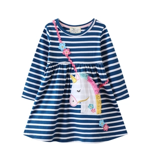Girl long sleeve cotton dress with blue stripes and unicorn floral embroidery detail