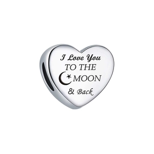 Detail of silver heart charm with I Love You TO THE MOON & Back engraving and stars
