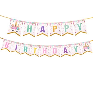 Unicorn happy birthday banner set in pastel colors for kids party decorations
