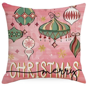 Pink Christmas pillowcase with vintage ball ornament print and merry text for sofa decor