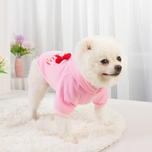 Pink dog hoodie with red bow and My lettering on soft fabric for small pets