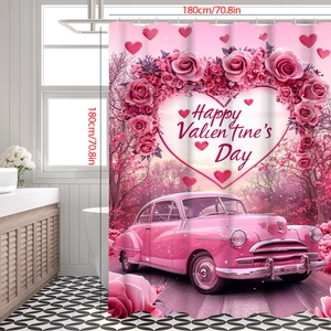Rideau de douche Saint-Valentin avec voiture rose, roses et couronne de cœur 180cm