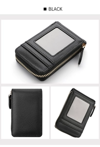Close-up of black lychee texture leather card holder with zipper and ID window