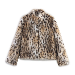 Women Leopard Print Faux Fur Jacket Long Sleeve Stand Collar Short Outwear Chic Winter Coat