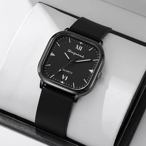Classic square quartz watch with black silicone strap and Roman numerals in a gift box