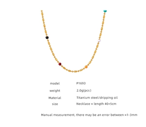 Detailed specs for gold titanium necklace with colorful enamel beads and 40+5cm length
