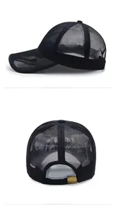 Detail of black mesh baseball cap showing breathable side and rear view with metal buckle