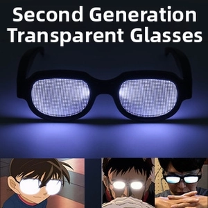Detail view of second-gen glow-in-the-dark anime glasses with transparent lenses