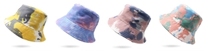 Detailed grid view of four tie-dye bucket hats in various vibrant color patterns
