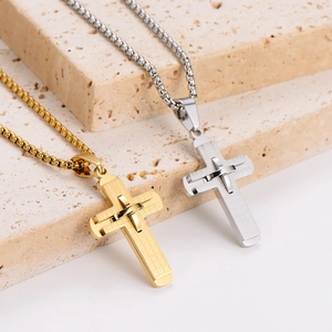 Minimalist stainless steel cross necklaces with grid texture in gold and silver finish