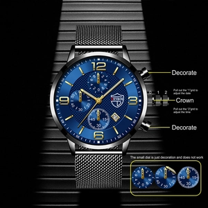 Men's business quartz watch with blue sunray dial, calendar window and silver mesh strap