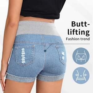 Pantaloncini premaman in denim a vita alta con supporto pancia e dettagli strappati