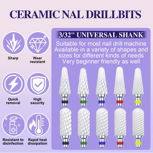 Universal 3/32 inch ceramic nail drill bit set with various grit levels for manicures