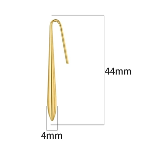 Detail showing 44mm gold teardrop earrings with measurements and polished finish