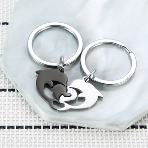 Interlocking heart dolphin stainless steel couple keychains in black and silver