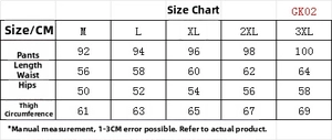 Size chart showing length, waist, and hip measurements for wide-leg cargo trousers