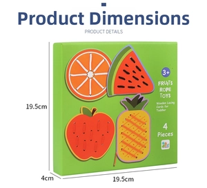 Detailed view of 4-piece wooden fruit threading toy box with dimensions of 19.5cm square