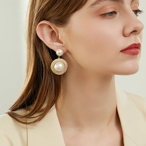 Elegant geometric round faux pearl earrings with sparkling pavé rhinestones for women