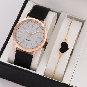 Fashionable gold quartz watch with black leather strap and heart pendant bracelet set