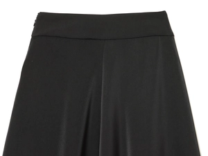 Detail of black satin skirt featuring a side zipper closure and smooth glossy fabric finish