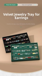 Macro detail of velvet earring display trays in black and green with multiple slots
